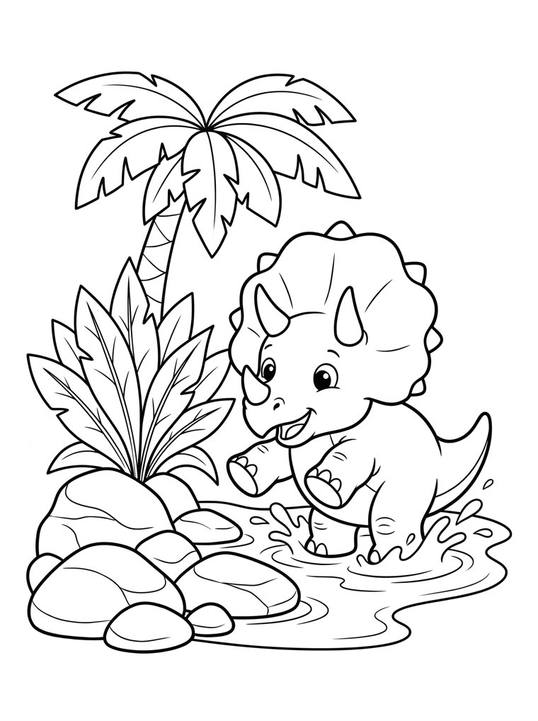 AI-generated printable coloring book page of a cute baby triceratops