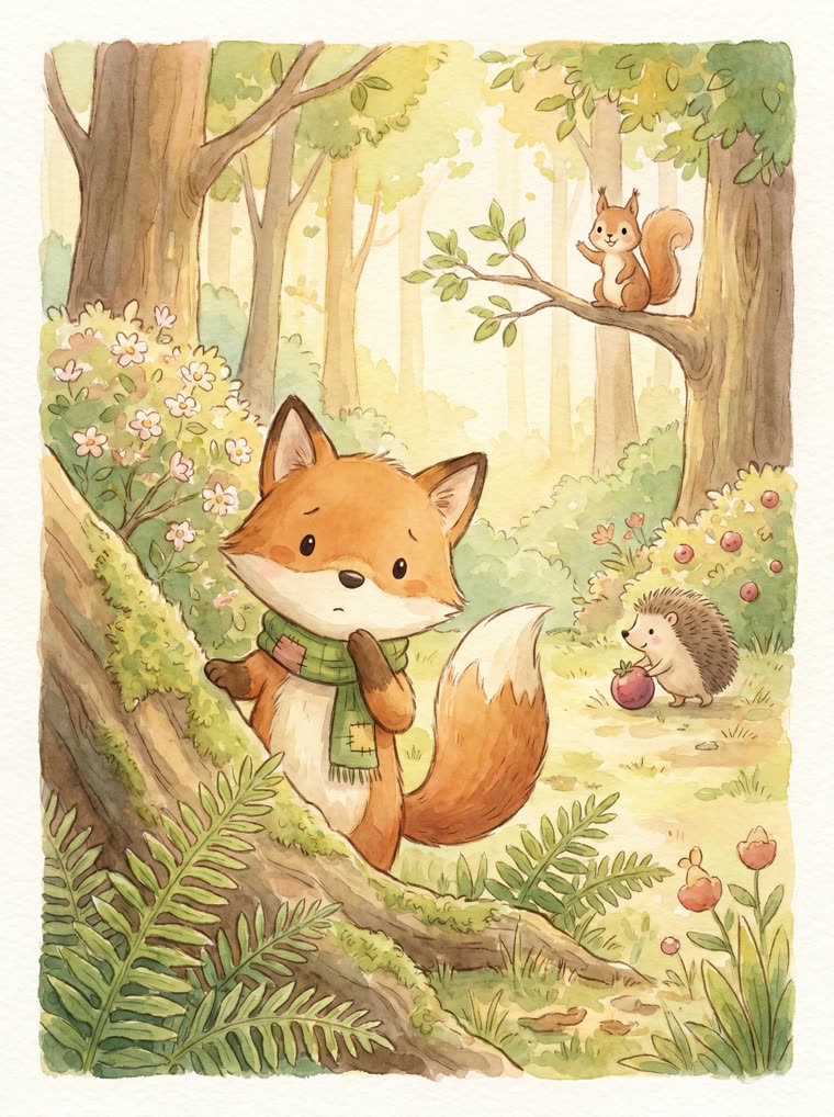 AI-written and illustrated watercolor children's storybook page of a shy fox in the forest