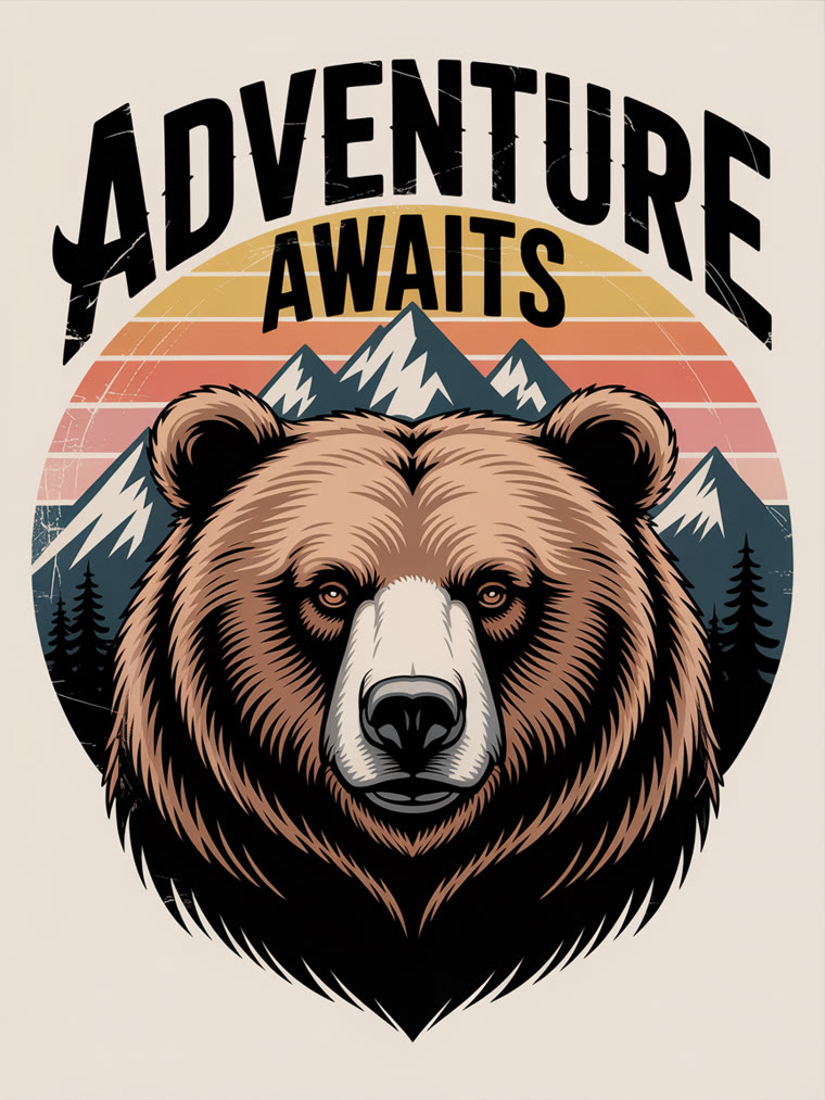 AI-generated vintage grizzly bear t-shirt design that says Adventure Awaits