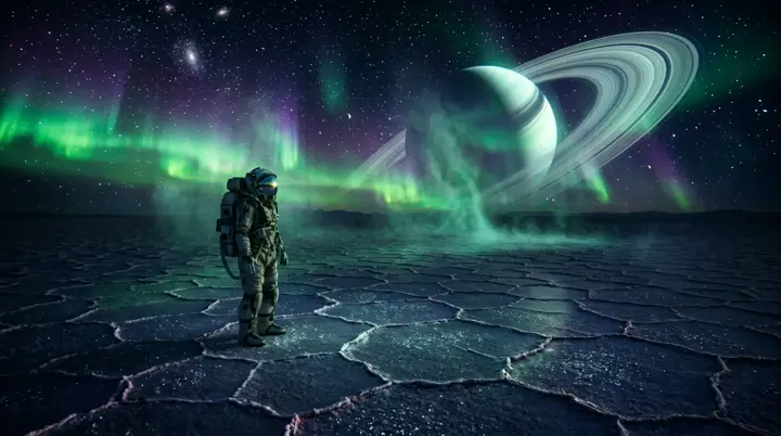 Last frame: the same scene at night under a green and violet aurora