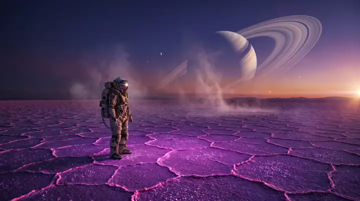 First frame: astronaut on a magenta salt flat at twilight