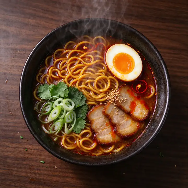 AI-generated overhead photo of a Japanese ramen bowl